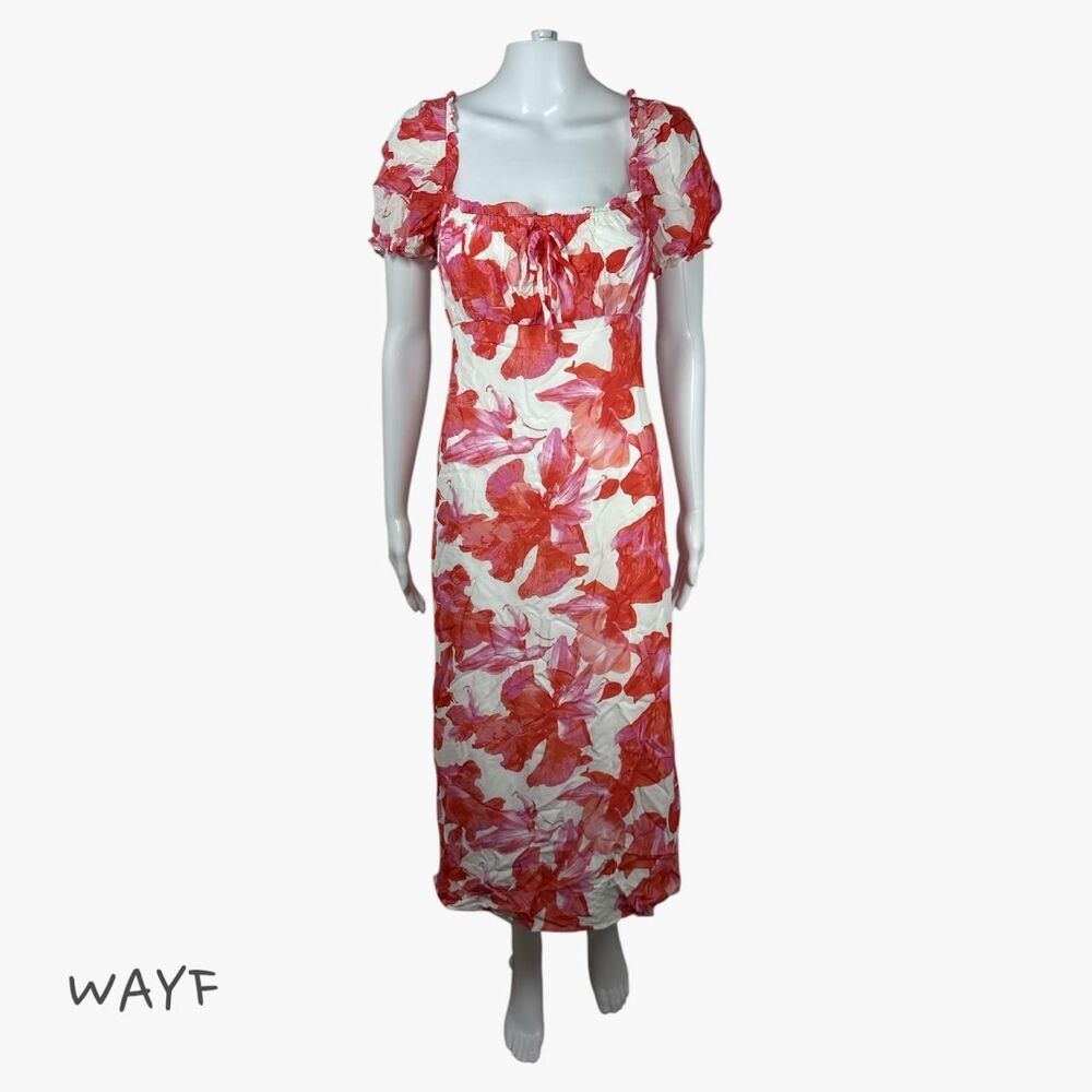Wayf Women's Square Neck Puff Sleeve Midi Dress in Pink Flower Print Size L